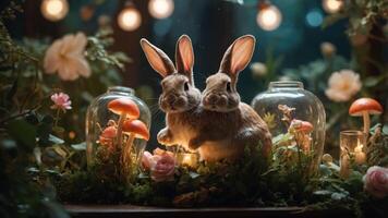 Two rabbits surrounded by flowers, mushrooms, and glowing jars in a whimsical setting. photo