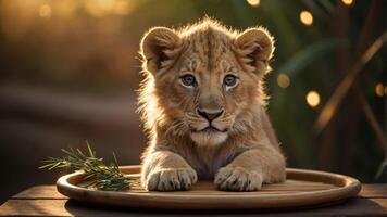 A young lion cub resting on a wooden tray with greenery, illuminated by soft, warm light. photo