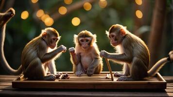 Three monkeys engaging playfully around a wooden tray with food in a lush, illuminated setting. photo
