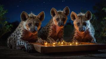 Three hyenas curiously observing glowing lights at night in a natural setting. photo