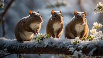 Three squirrels sitting on a snowy branch adorned with flowers, capturing a serene winter scene. photo