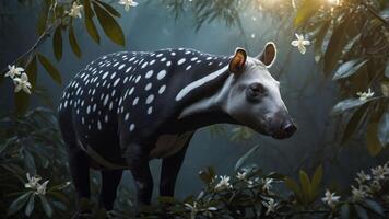 A tapir stands amidst lush foliage and flowers in a mystical forest setting. photo
