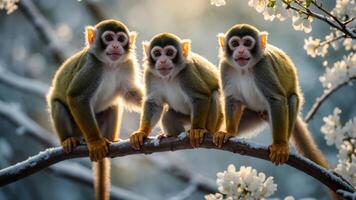 Three monkeys perched on a branch amidst flowers in a serene, natural setting. photo