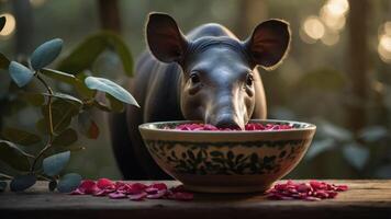 A tapir curiously approaches a bowl of rose petals in a serene forest setting. photo