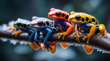 A vibrant display of colorful frogs perched on a branch in a lush environment. photo