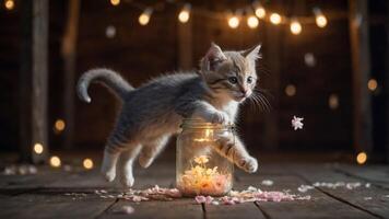 A playful kitten leaps from a jar filled with flowers, illuminated by soft lights. photo