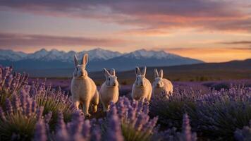 Four rabbits in a lavender field with mountains at sunset. photo