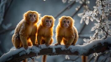 Three golden monkeys perched on a snowy branch in a serene winter setting. photo