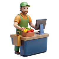 serene rustic Friendly cashier, scanning groceries groceries not visible , high resolution png