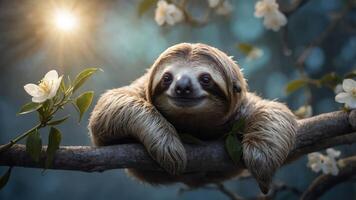 A sloth resting on a branch surrounded by flowers and soft sunlight. photo