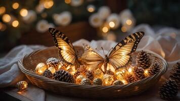 A decorative display featuring butterflies, pinecones, and lights in a cozy setting. photo