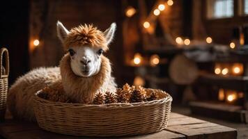 A cozy scene featuring an alpaca surrounded by pine cones in a rustic setting. photo