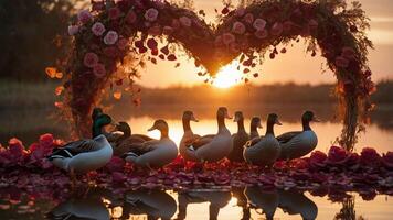 A serene sunset scene featuring ducks framed by a floral heart. photo