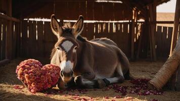 A donkey lies in a barn beside a heart-shaped arrangement of flowers. photo