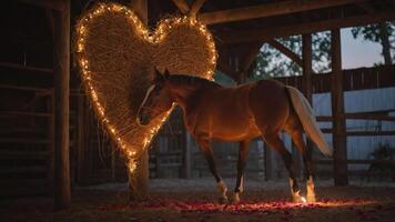 A horse stands beside a heart-shaped straw decoration adorned with lights in a barn. photo