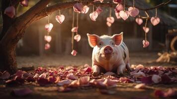 A pig rests beneath a tree adorned with heart-shaped decorations and rose petals. photo