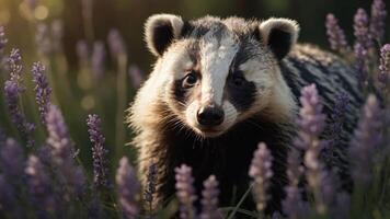 A close-up of a badger amidst blooming lavender in a serene natural setting. photo