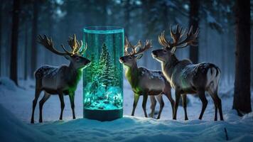 Three reindeer gather around a glowing, snow-filled display with a miniature tree inside. photo