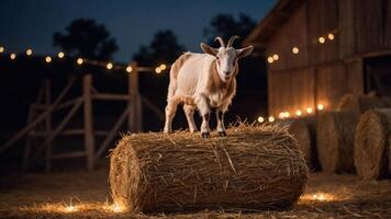 A goat stands atop a hay bale in a softly lit barn setting at night. photo