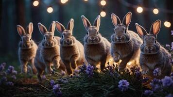 A whimsical scene of rabbits running through a forest with flowers and fairy lights. photo