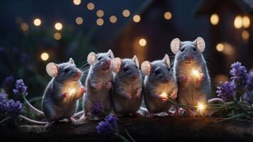Five adorable mice holding glowing lights amidst flowers, creating a whimsical scene. photo