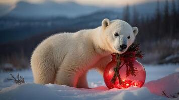 A polar bear interacts with a festive red ornament in a snowy landscape. photo