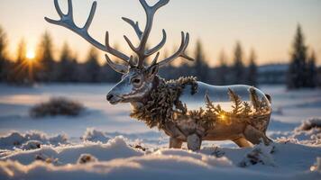 A reflective reindeer statue adorned with greenery in a snowy landscape at sunset. photo