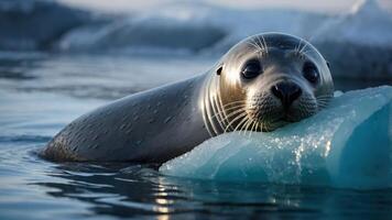 A seal resting on a piece of ice in a serene water setting. photo