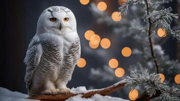 A snowy owl perched on a branch with soft, glowing lights in the background. photo