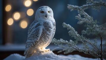 A snowy owl perched on snow, illuminated softly with a blurred background of lights. photo
