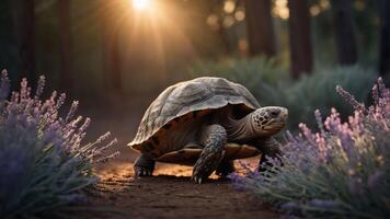 A turtle walking through a lavender field at sunset, showcasing nature's beauty. photo