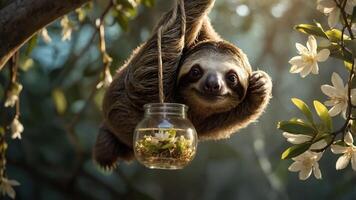 A sloth hanging from a branch, curiously peering into a jar filled with greenery. photo