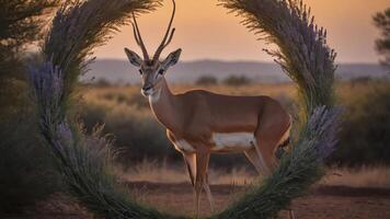 A serene antelope framed by a floral circle at sunset in a natural landscape. photo