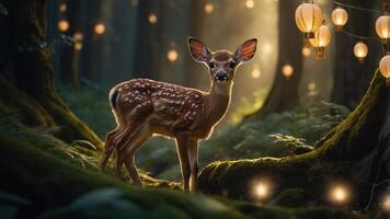 A serene forest scene featuring a fawn amidst glowing lanterns and lush greenery. photo