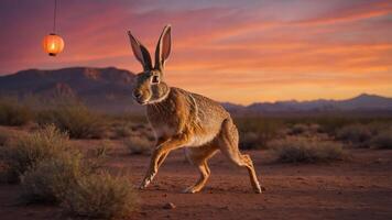 A large hare running in a desert landscape during sunset with a lantern hanging above. photo