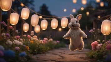 A playful rabbit leaps amidst glowing lanterns and colorful flowers in a serene garden. photo