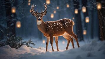 A serene deer stands in a snowy forest, illuminated by hanging lanterns. photo