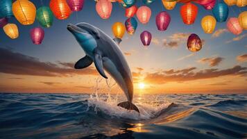 A dolphin leaps from the ocean at sunset, surrounded by colorful lanterns in the sky. photo