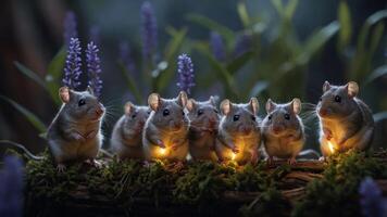 A group of small mice holding lights amidst flowers and greenery in a whimsical setting. photo
