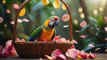 A colorful parrot resting in a basket surrounded by flower petals in a serene setting. photo