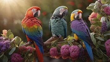Three colorful parrots perched on a branch surrounded by vibrant flowers in soft sunlight. photo