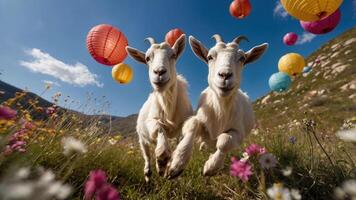 Two playful goats running in a vibrant field with colorful lanterns overhead. photo