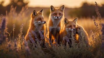 A group of four red foxes standing in a field during sunset, surrounded by lavender flowers. photo