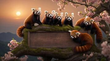 A group of red pandas resting on a mossy tree branch during sunset, surrounded by flowers. photo