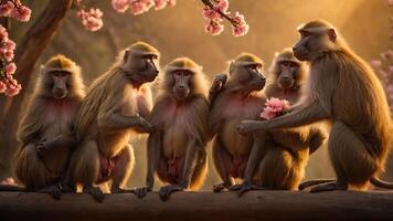 A group of baboons sitting together under cherry blossoms in a serene setting. photo