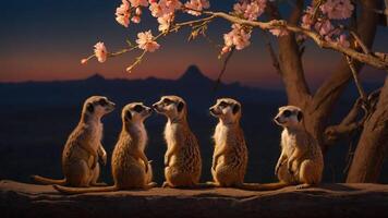 Five meerkats standing in a row under cherry blossoms at sunset. photo