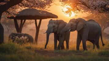 Two elephants under a sunset with blooming trees, creating a serene wildlife scene. photo