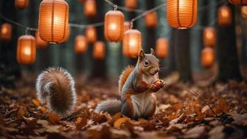 A squirrel enjoying a nut amidst autumn leaves and glowing lanterns in a forest setting. photo