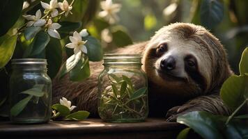 A sloth resting among greenery with jars, evoking a serene, nature-focused atmosphere. photo