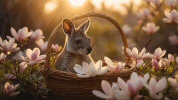 A kangaroo sits in a basket surrounded by magnolia flowers at sunset. photo